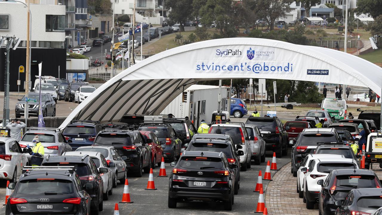 People waiting at the Bondi Beach drive-through testing clinic as Sydney is in lockdown after the Bondi covid outbreak. Picture: Jonathan Ng