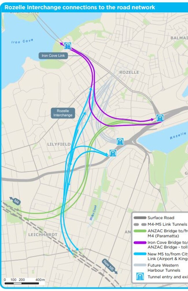 Rozelle Interchange connections to the road map.