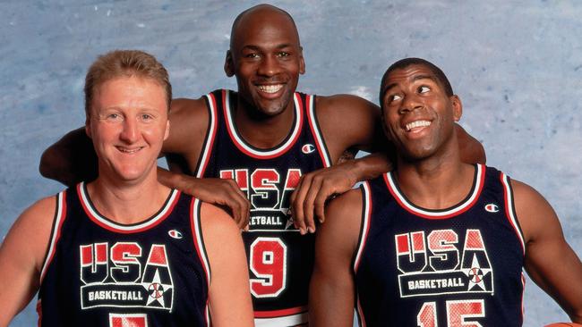 (L-R) Larry Bird, Michael Jordan and Magic Johnson.