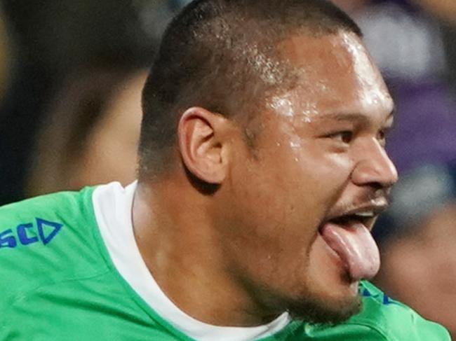 Joey Leilua of the Raiders runs with the ball over the try line but was later overused during the NRL Second Qualifying match between the Melbourne Storm and the Canberra Raiders at AAMI Park in Melbourne, Saturday, September 14, 2019. (AAP Image/Michael Dodge) NO ARCHIVING, EDITORIAL USE ONLY