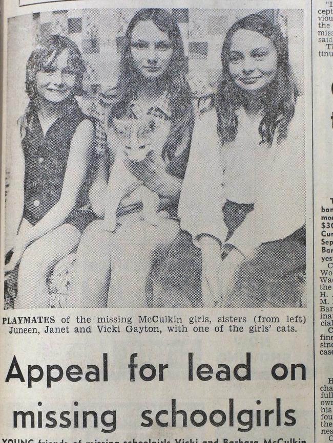 Juneen, Janet and Vicki Gayton appear in a newspaper article about the disappearance of the McCulkin family.