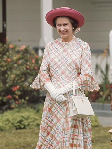 Queen Elizabeth II outside the palace of King Taufa'ahau Tupou IV of Tonga, February 1977. Photo: Serge Lemoine/Getty Images.