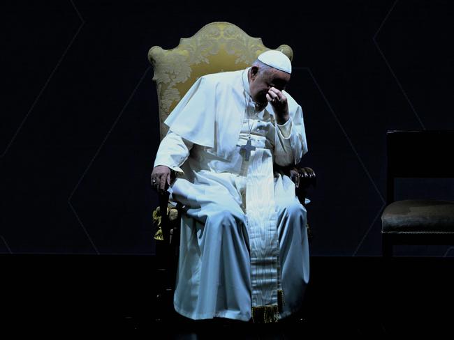 TOPSHOT - -- AFP PICTURES OF THE YEAR 2024 --  Pope Francis reacts as he participates in the Italian conference of the general State of Natality, in Rome on May 10, 2024. (Photo by Andreas SOLARO / AFP) / AFP PICTURES OF THE YEAR 2024