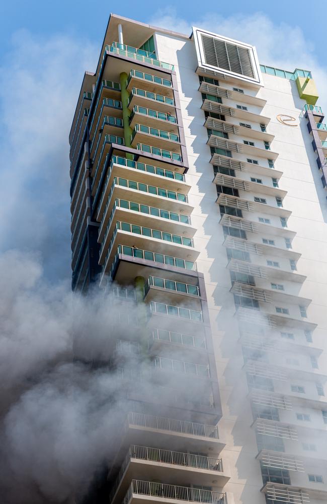 Structural fires, such as this one in Darwin CBD in 2020, may have exposed NT firefighters to hazardous contaminants due to a lack of monitoring by NTFRS, UWU NT says. Picture: Che Chorley