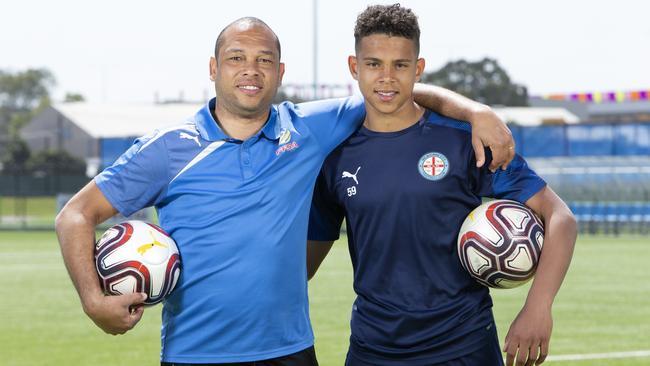 Former Adelaide United Striker Cristiano dos Santos Rodrigues with son Raphael, who is on Melbourne City’s books. Picture: AAP