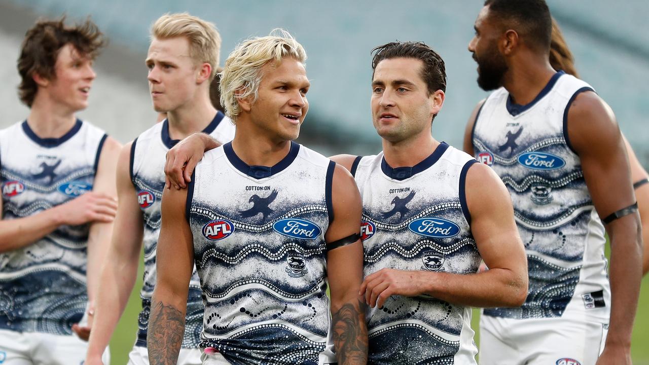 Quinton Narkle and Luke Dahlhaus, along with their Geelong teammates, will be hoping fans can return for their next home game.