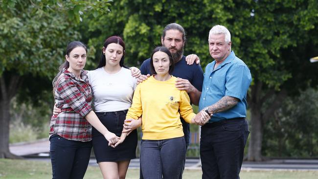 Kelly Wilkinson's family sisters Emma Wilkinson, Natalie Wilkinson, Danielle Carroll and her husband Reece Carroll, and Kelly's dad Reg Wilkinson. Picture: Tertius Pickard