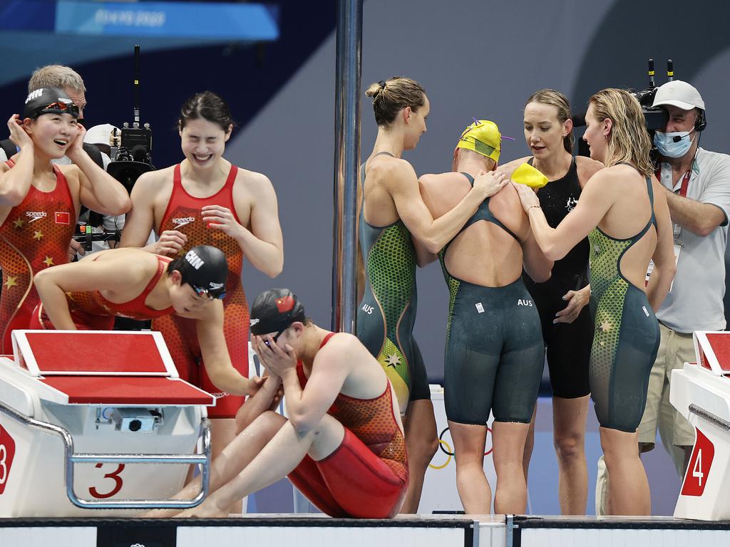 Ariarne Titmus, Emma McKeon, Madison Wilson and Emma Neale celebrate winning bronze, while China wins gold, in the womens 4x200m freestyle relay in Tokyo. Picture: Alex Coppel