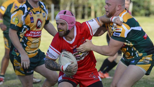 Rebel Rhys Walters (left) during the Group 2 Rugby League match between the South Grafton Rebels and the Orara Axemen at Coramba Sports Oval on Saturday, 6th August, 2016.