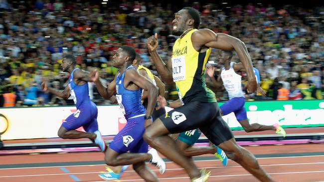 Usain Bolt finishes third behind Justin Gatlin and Christian Coleman. Picture: Getty Images.