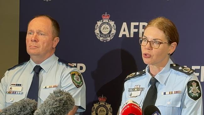 QPS Acting Assistant Commissioner Col Briggs and AFP Assistant Commissioner Justine Gough hold a press conference on Tuesday. Picture: Mohammad Alfares