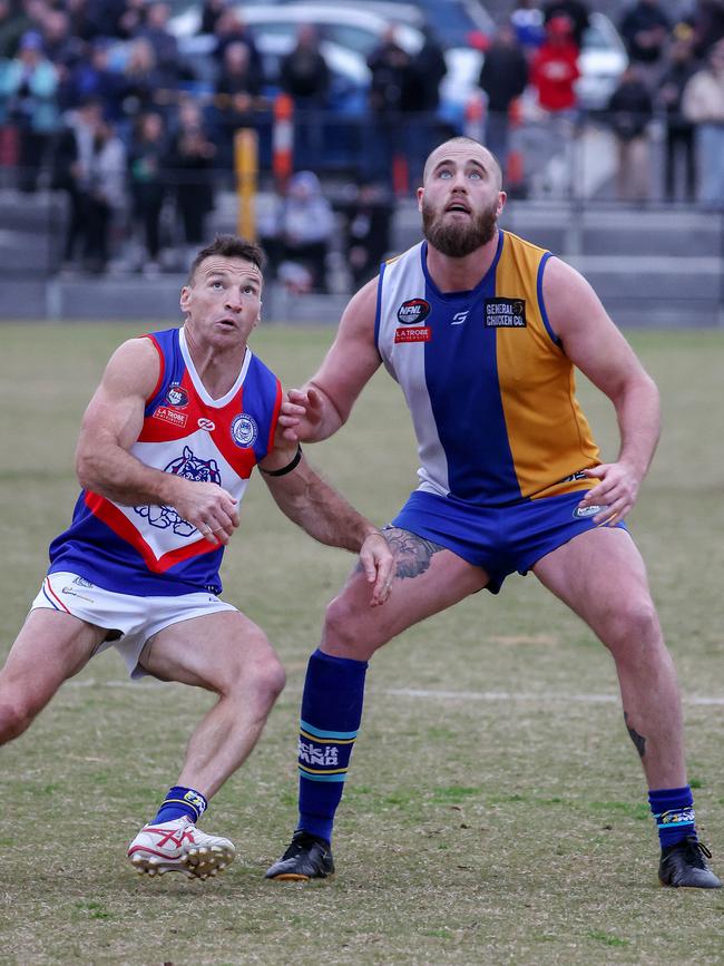 Brent Harvey takes on Patrick Flynn in the ruck. Picture: George Salpigtidis