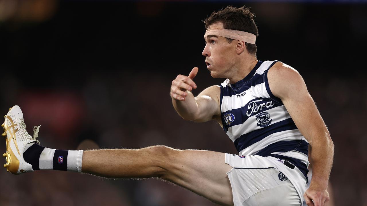 Jeremy Cameron of the Cats kicks a third-quarter goal against the Blues. Picture: Michael Klein