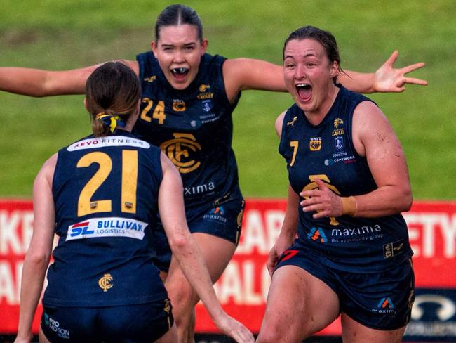 Eva Campo (#21) celebrates with Rachel Ortlepp after she kicked the sealer in the 2024 WAFLW grand final. Picture: Supplied.