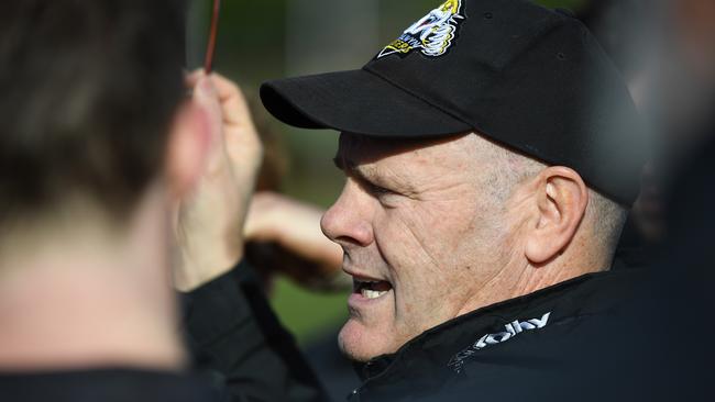 Rodney Eade, senior coach of Balwyn addresses his players during quarter time at Balwyn Park in Melbourne, Saturday, June 29, 2018. EFL (Div 1): Balwyn v Montrose. (AAP Image/James Ross) NO ARCHIVING