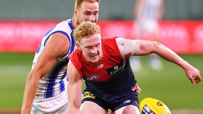 Demon onballer Clayton Oliver hunts the footy against the Kangaroos. Picture: Mark Brake/Getty Images