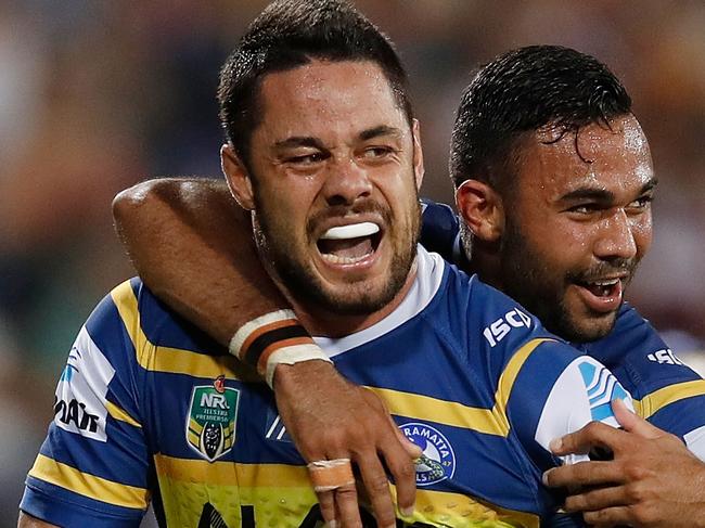 DARWIN, AUSTRALIA - JUNE 09:  Jarryd Hayne of the Eels celebrates scoring a try during the round 14 NRL match between the Parramatta Eels and the North Queensland Cowboys at TIO Stadium on June 9, 2018 in Darwin, Australia.  (Photo by Jason McCawley/Getty Images)