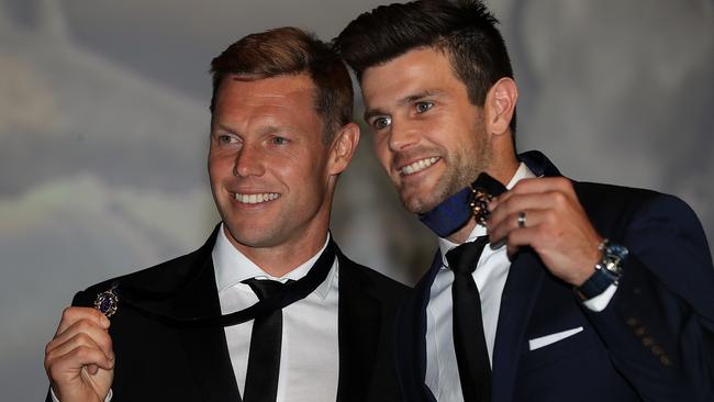 Sam Mitchell and Trent Cotchin after the Brownlow presentation. Picture: Alex Coppel