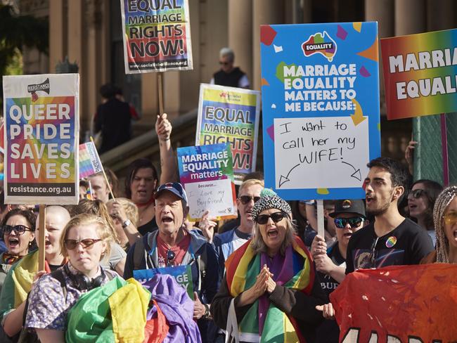 Hundreds of Sydneysiders have attended a rally supporting same-sex marriage, on the eve of a Liberal party room meeting on the issue. Picture: AAP