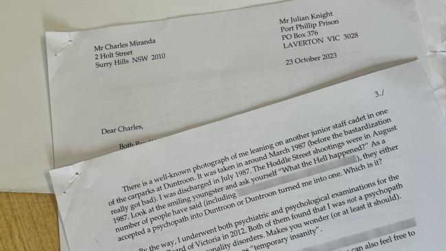 Hoddle Street massacre mass murderer Julian Knight’s letter on why he is taking legal action against the Defence Force Ombudsman. Picture: Supplied