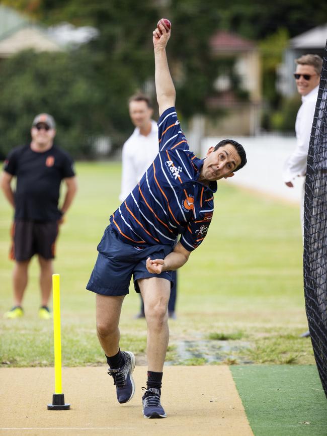 Leader of the Opposition David Crisafulli bowls to shadow treasurer David Janetzki earlier this year in suburban Brisbane. Picture: Lachie Millard