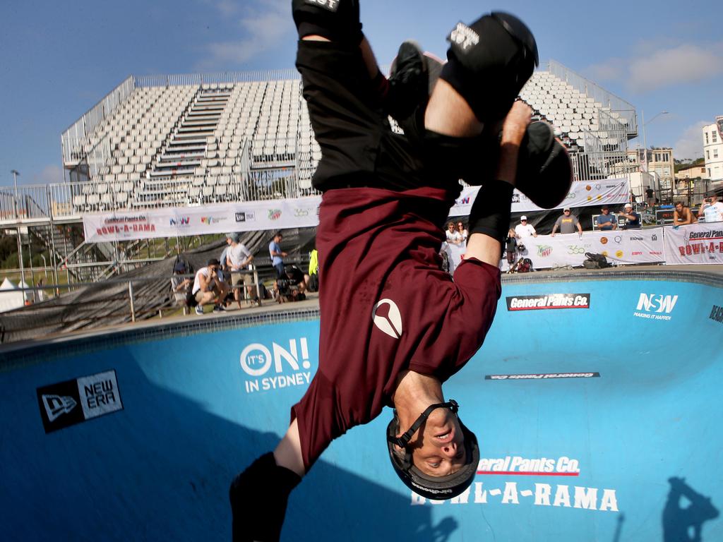 Skateboading superstar Tony Hawke performs tricks at Bondi Skate Bowl ahead of Bowl-A-Rama this weekend. Picture: Chris Pavlich