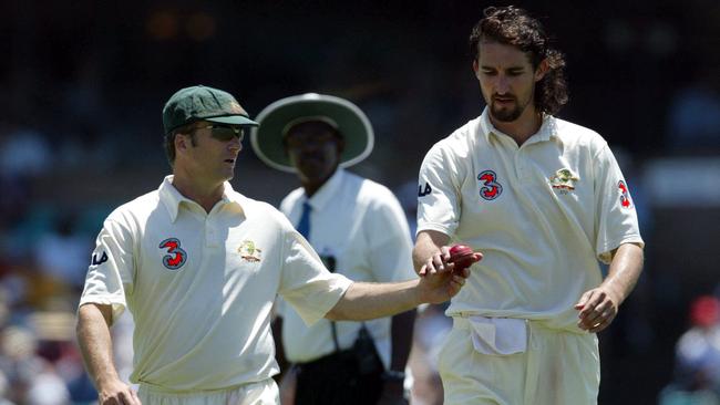 Steve Waugh (L) and Jason Gillespie (R) in Waugh’s final Test in 2004. Picture: Brett Costello.
