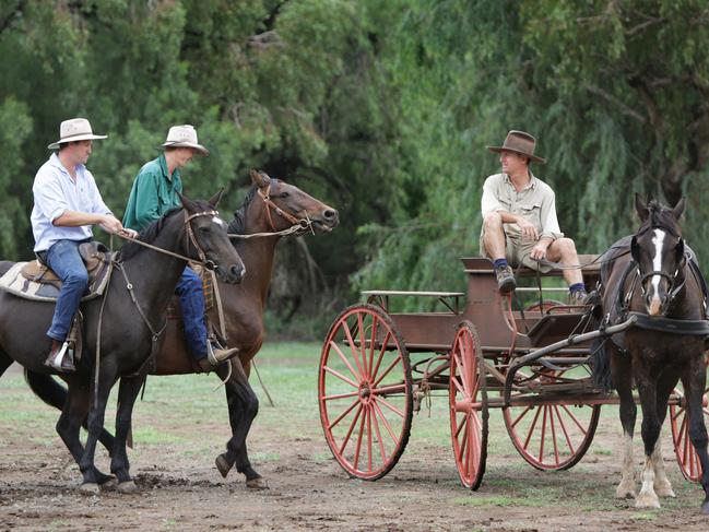 Ben Egan, Will Cant and Simon Cant on a therapeutic horse ride on a property outside of Warren in regional NSW. Picture: Dean Marzolla