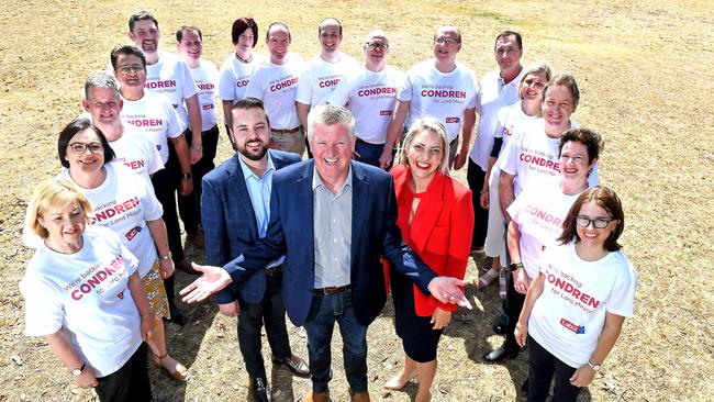 Labor lord mayoral candidate Patrick Condren holds his first press conference, with councillors Jared Cassidy and Kara Cook. Picture: AAP image, John Gass