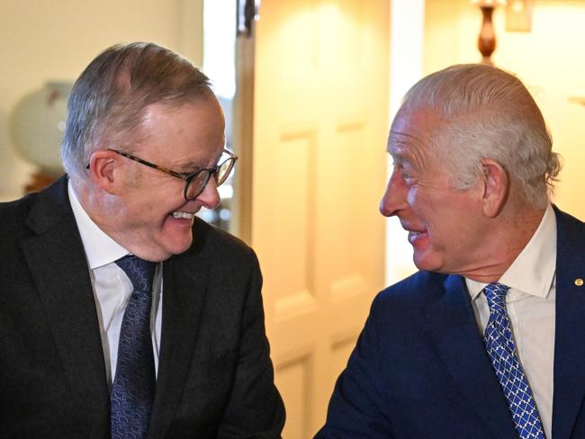 Britain's King Charles III (right) and Australia's Prime Minister Anthony Albanese (left) sign royal warrants granting the Great Seal of Australia at Government House in Canberra, Monday, October 21st, 2024. King Charles III and Queen Camilla are visiting Australia from 18 October to 23 October. Picture: NewsWire / Pool / Saeed KHAN