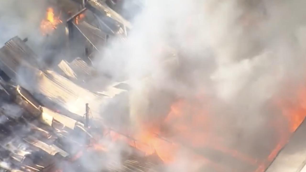 The interior of the warehouse is completely gutted by the fire. Photo: Channel 7