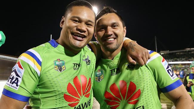 There won’t be enough free-to-air exposure for Raiders Joey Leilua and Jordan Rapana. Picture Kym Smith