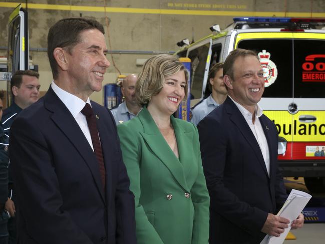 Health Minister Shannon Fentiman with Premier Steven Miles and Deputy Premier Cameron Dick announcing 260 extra ambulance officers for Queensland. Picture: Glenn Campbell