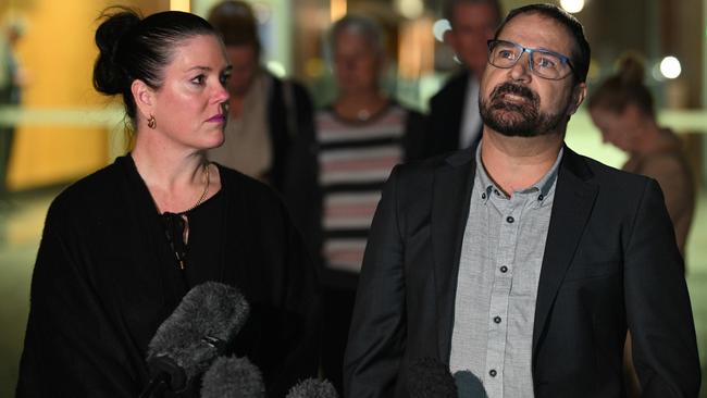 Michael and Kerri-Lyn Stewart talk to the media outside the Brisbane Supreme Court after the trial into Balin’s manslaughter ended on June 9.Picture: Lyndon Mechielsen