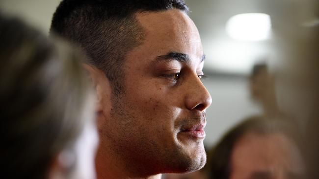 Former NRL player Jarryd Hayne speaks to the media on his arrival at Sydney International Airport, in Sydney, Wednesday, Jan. 6, 2016. Hayne has completed a season with the San Francisco 49ers American NFL team, after quitting rugby league and signing a contract to play in the NFL last year. (AAP Image/Dan Himbrechts) NO ARCHIVING