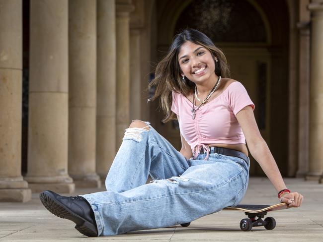 ADELAIDE, AUSTRALIA - Advertiser Photos DECEMBER 17, 2021: Student Aneri Shah 18yrs already has a conditional offer to study psychology and had a taste of life at Adelaide University by doing a Headstart program this year. Aneri is a keen skateboarder seen here at the Cloisters on campus using the hobby to relax between studies. Picture: Emma Brasier