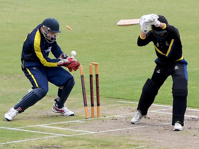 Plenty ValleyÃs Rory Collins and St Bernard's Luke Marinellis bowled during the VSDCA Cricket: St Bernard's v Plenty Valley match in Essendon West, Saturday, Jan. 16, 2021. Picture: Andy Brownbill