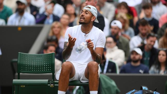 Nick Kyrgios of Australia speaks with the umpire during their Men's Singles Third Round match