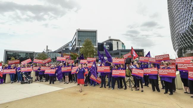 Australian Nursing and Midwifery Federation state secretary Elizabeth Dabars addresses the nurses’ industrial action rally at the Royal Adelaide Hospital. Picture: AAP / Roy Vandervegt