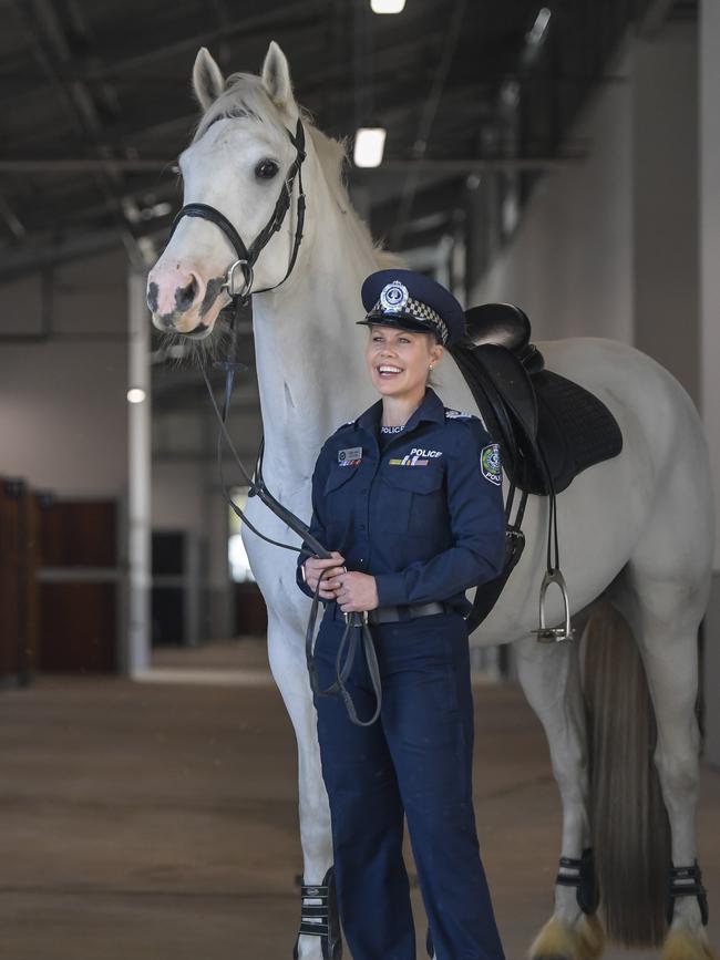 Sergeant Kelly-Anne Taylor, who runs the new facility, with police horse Flinders. Picture: RoyVPhotography.