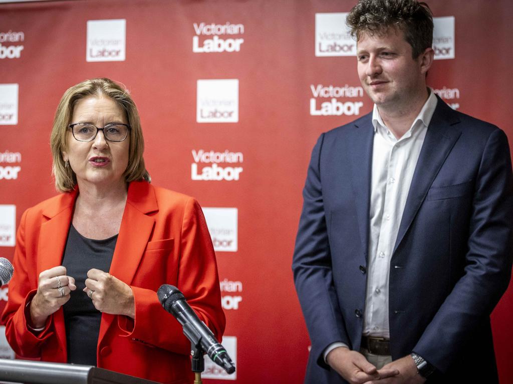 John Lister at the by-election after-party with Premier Jacinta Allan. Picture: Jake Nowakowski