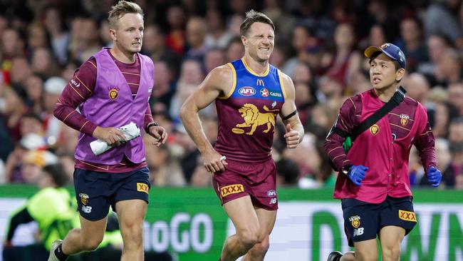 Linc McCarthy (centre) is making good progress in his bid to be fit for Brisbane’s first game of the season next month. Picture: Russell Freeman/AFL Photos via Getty Images