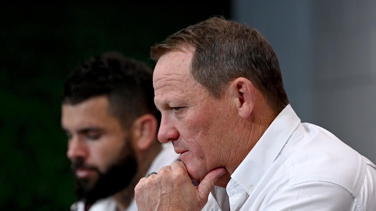 Broncos coach Kevin Walters (R) wants more from Kotoni Staggs. Picture: Bradley Kanaris/Getty Images