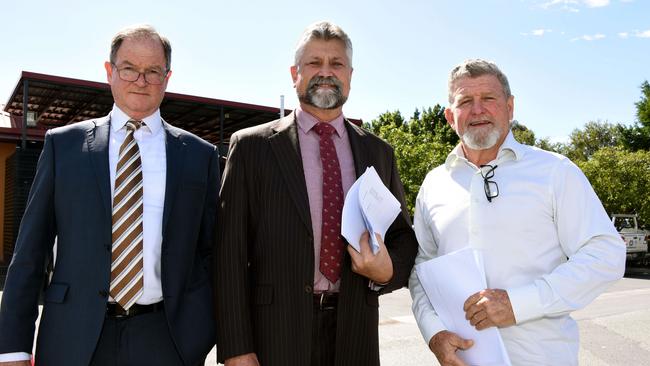 James Beresford Leol (left) in late 2017 following the collapse of a site contractor, with Solicitor Chris Garlic (centre) and builder Peter Guild (right). Picture: Steve Holland