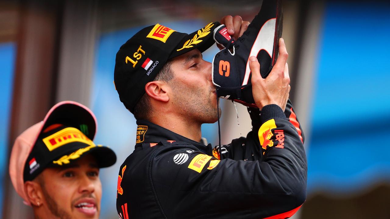 Daniel Ricciardo put the ‘shoey’ on the map by drinking from his shoe after every race podium appearance. (Photo by Dan Istitene/Getty Images)