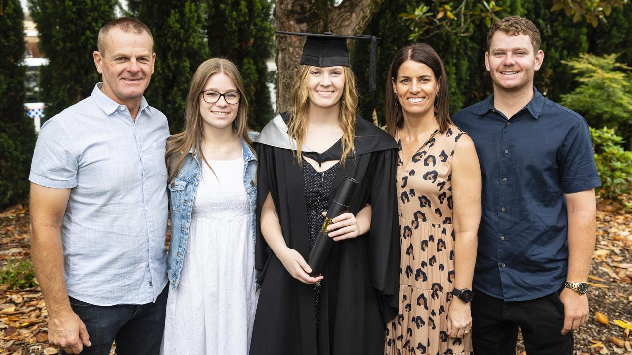 Bachelor of Business graduate Tayla Utz with family (from left) Brenden, Sabelle, Tracey and Jacob Utz at the UniSQ graduation ceremony at Empire Theatres, Tuesday, December 13, 2022. Picture: Kevin Farmer