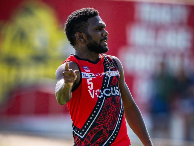 Kim Kantilla playing for the Tiwi Bombers in the 2024-25 NTFL season. Picture: Patch Clapp / AFLNT Media