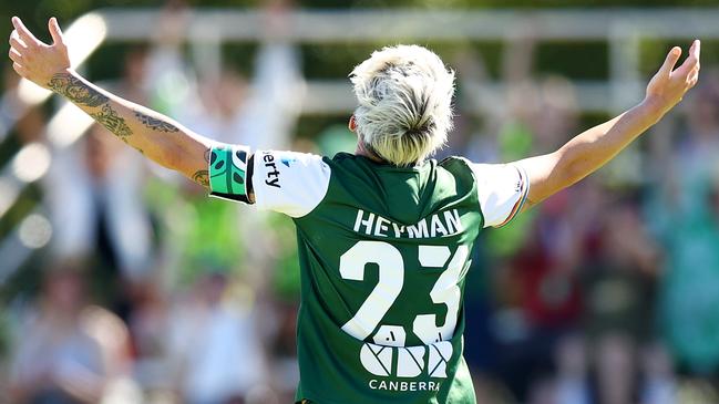 Michelle Heyman celebrates a goal for Canberra United but for how much longer will fans of the club see moments like this? Picture: Mark Nolan/Getty Images