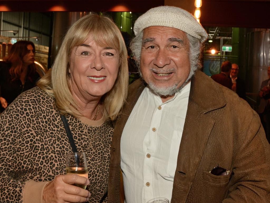 Carol Little and Djon Mundine at the 2021 Bleach Festival program launch at Burleigh Brewing. Picture: Regina King.