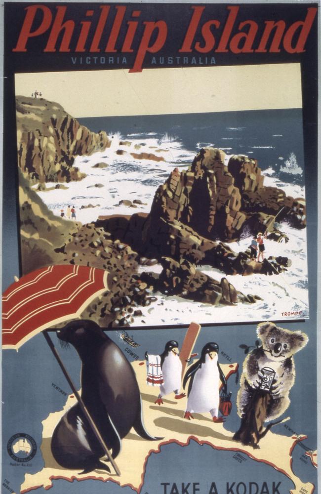 The Pinnacles on Phillips Island take a starring turn on this poster. Public Record Office Victoria Image citation PTC-slide-box47-029